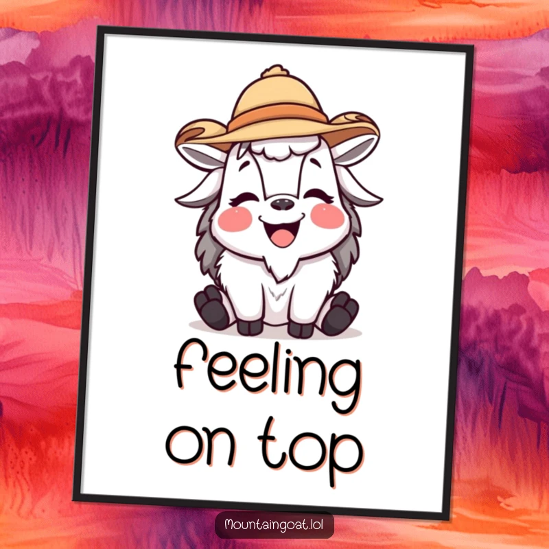 Funny mountain goat digital art print of a laughing character in a jaunty hat, conveying joy and amusement for instant wall decor.