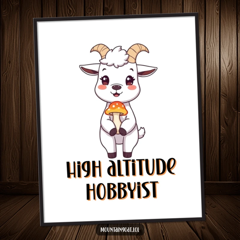 Funny mountain goat digital art print, a cheerful goat balancing a mushroom on its nose, for instant humorous wall decor.