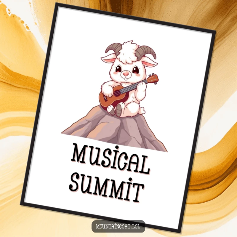 Funny fluffy mountain goat playing a ukulele on a peak, high-resolution digital art for musical decor.