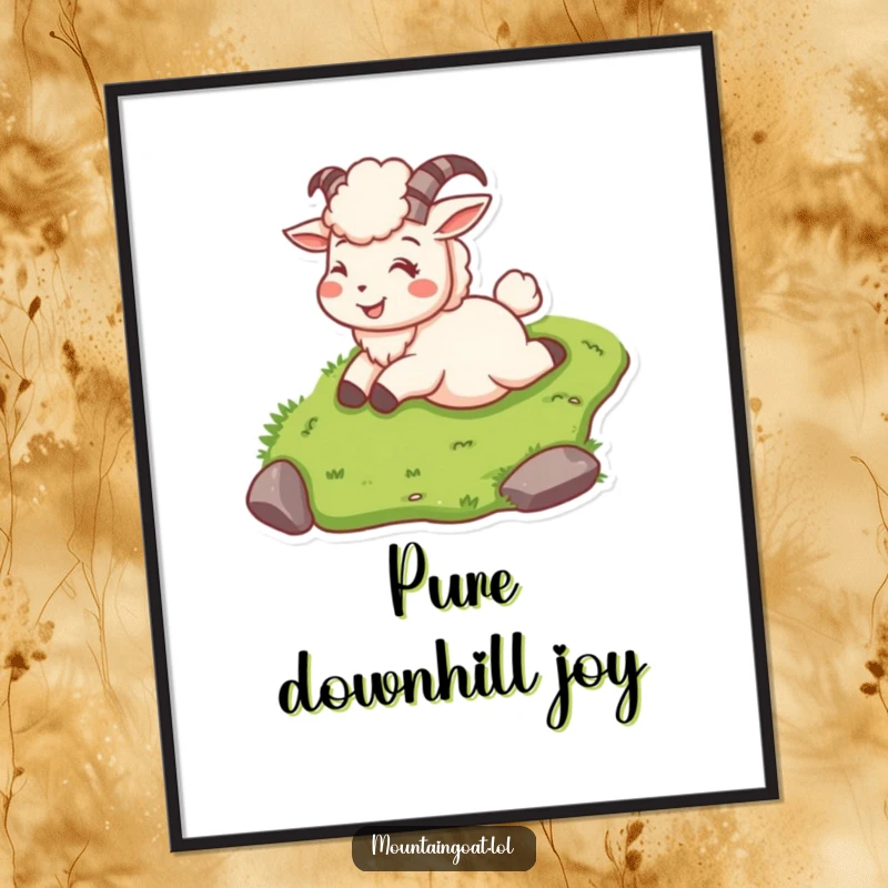 Funny mountain goat in digital art print, sliding down a grassy slope with a joyful expression.