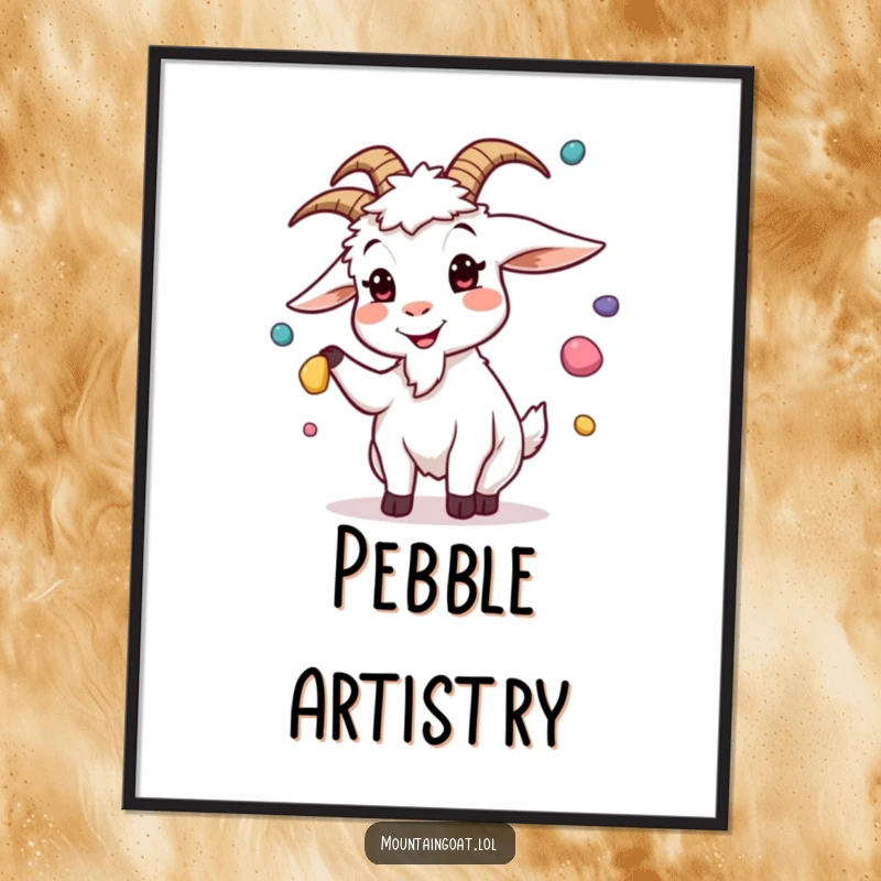 Funny digital art print of a goat juggling colorful pebbles with a silly expression, instantly downloadable art for humorous decoration.