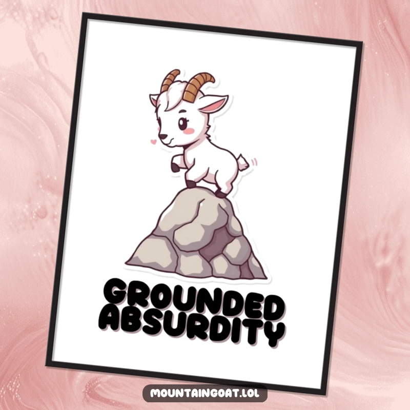 Funny tiny mountain goat digital art print, balancing expertly on a single rock, a downloadable piece showcasing skill and charm.