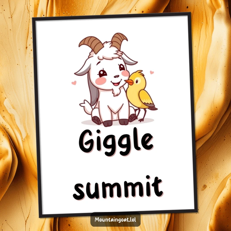 Funny mountain goat digital art print of a character giggling with a bird, perfect for instant download and charming decor.