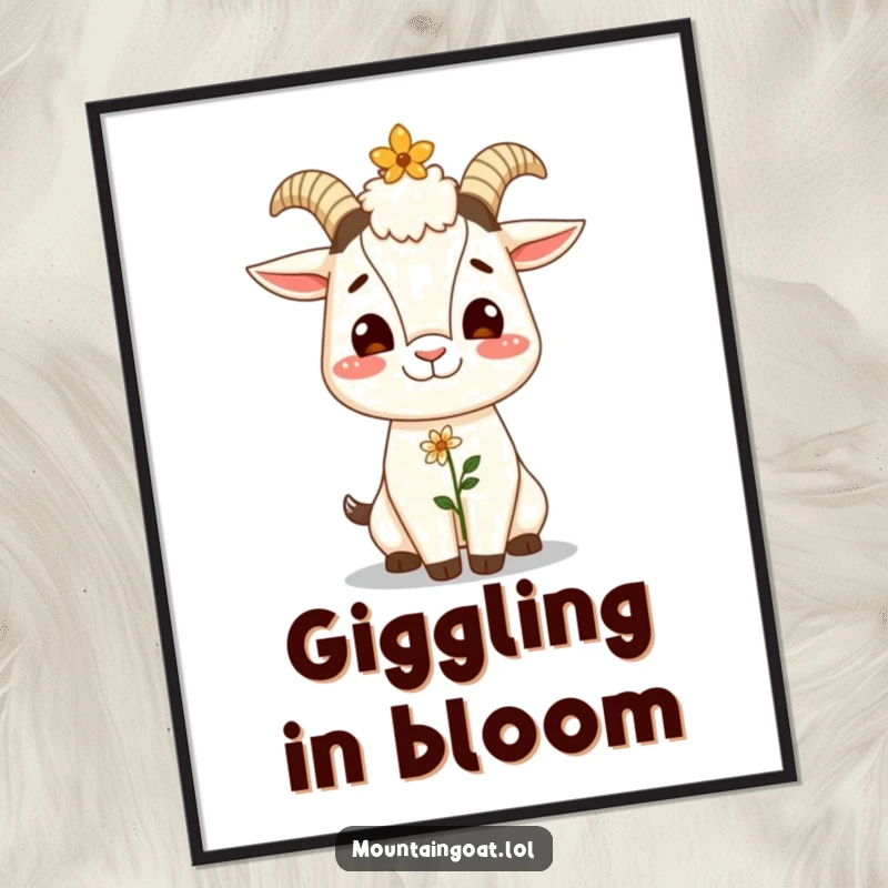 Funny digital art print of a giggling mountain goat balancing a flower on its nose, a joyful and humorous wall art download.