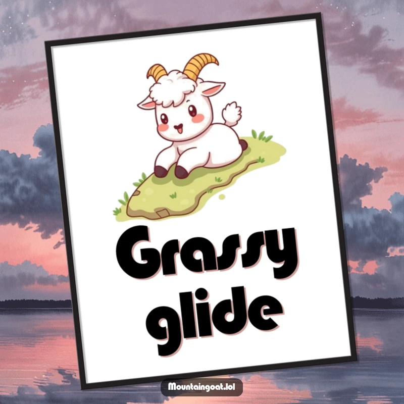 Playful kawaii mountain goat sliding down a grassy slope, symbolizing fun and excitement, offered as digital art.