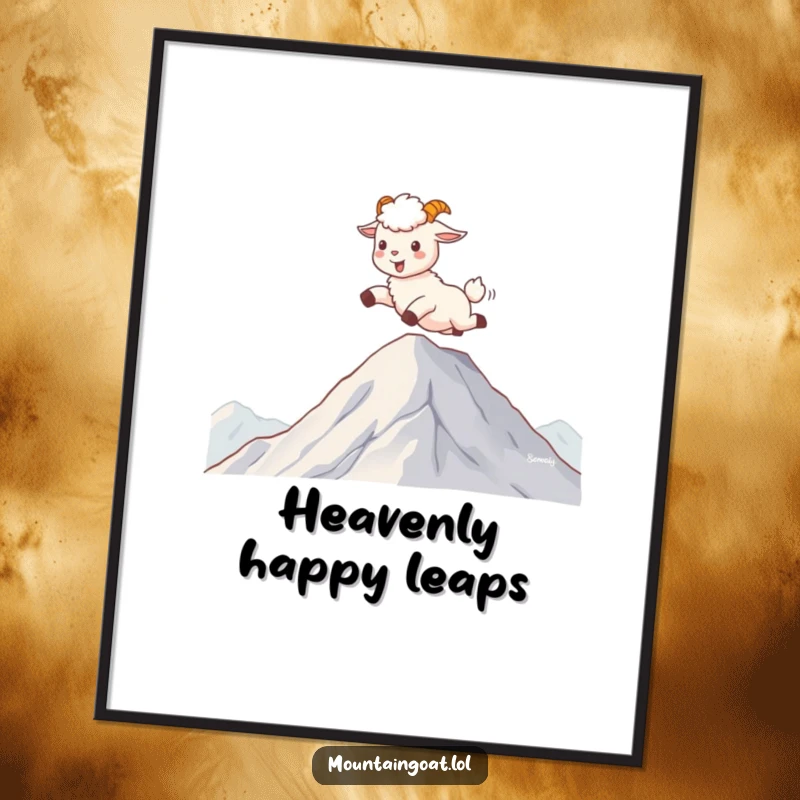 Funny kawaii mountain goat skipping gleefully on mountaintop clouds, presented as a downloadable digital art print.