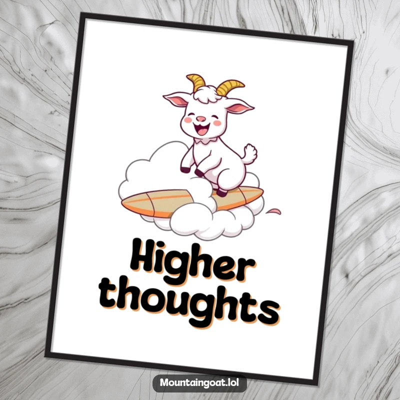 High-quality digital art of a funny goat humorously surfing on a cloud, ideal for instant, humorous home decor.