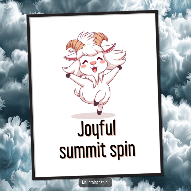 Funny mountain goat digital art print of a character joyfully spinning with windblown fur, perfect for instant download and dynamic decor.