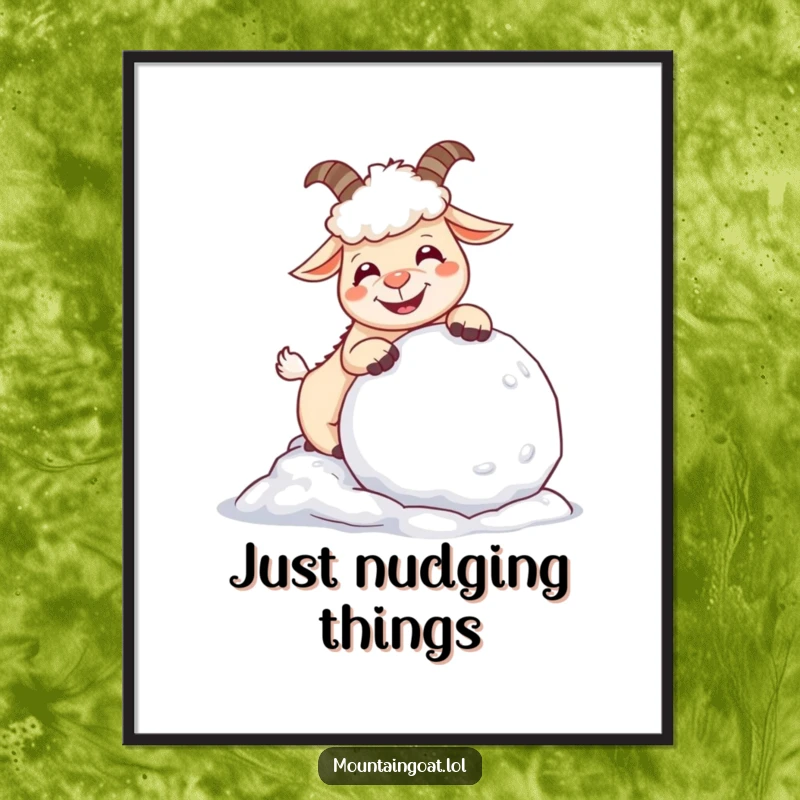 Funny giggling mountain goat joyfully nudging a snowball, presented as a high-quality, downloadable digital art print for immediate enjoyment.