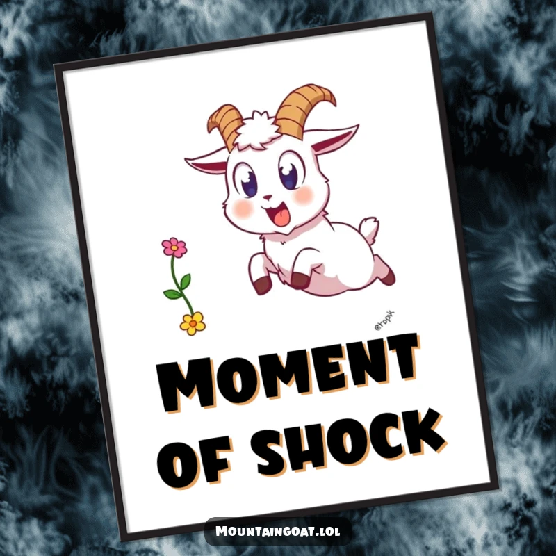 Funny startled goat digital art, a wide-eyed mountain goat leaping backward, dropping a flower in a moment of pure, comical surprise.