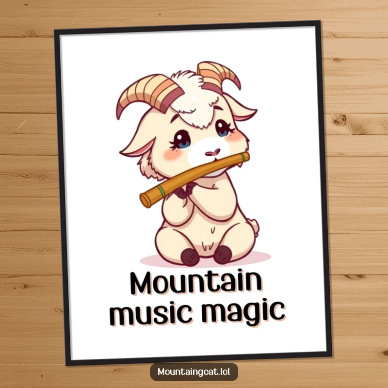 Funny Mountain Goat Flute Digital Art Print: A goat attempts to play a small flute, offering instant artistic charm.