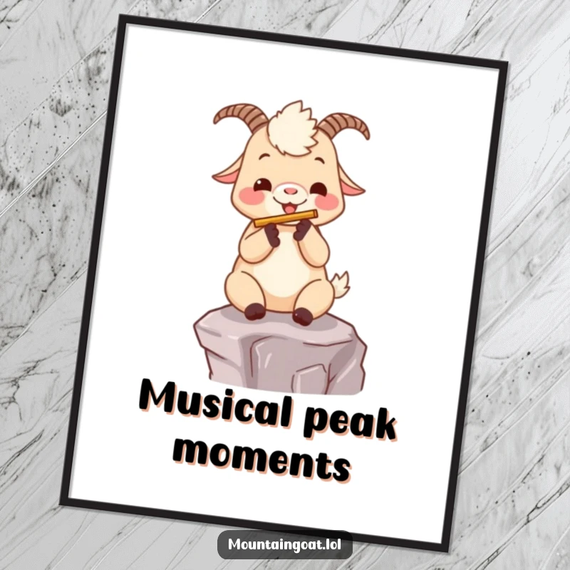 Funny kawaii mountain goat happily playing a tiny flute on a mountain ledge, available as a downloadable digital art print.