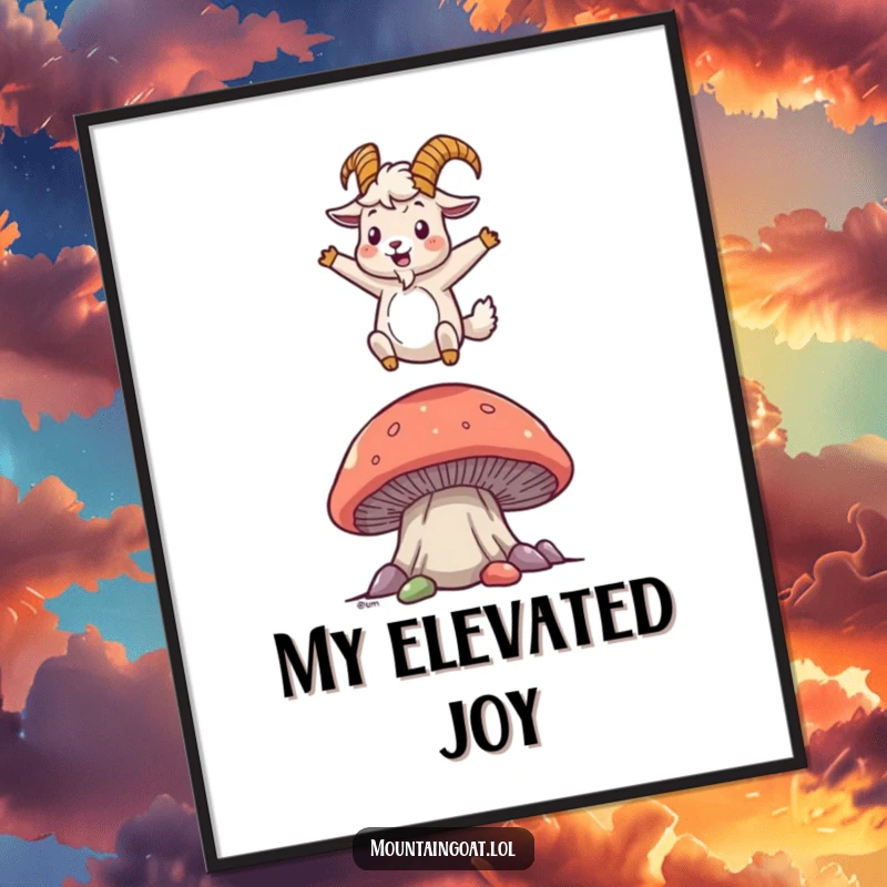 Funny mountain goat digital art print of a joyful character bouncing on a mushroom, conveying pure happiness for instant decor.