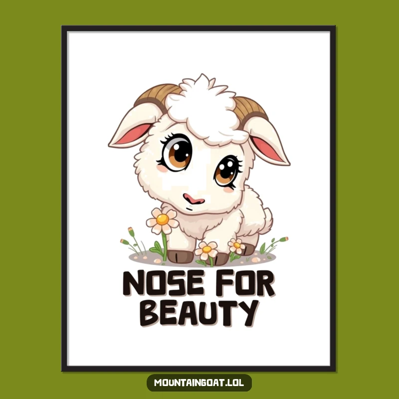 Funny Kawaii Goat Sniffing Flower Digital Art: Gentle Wall Decor