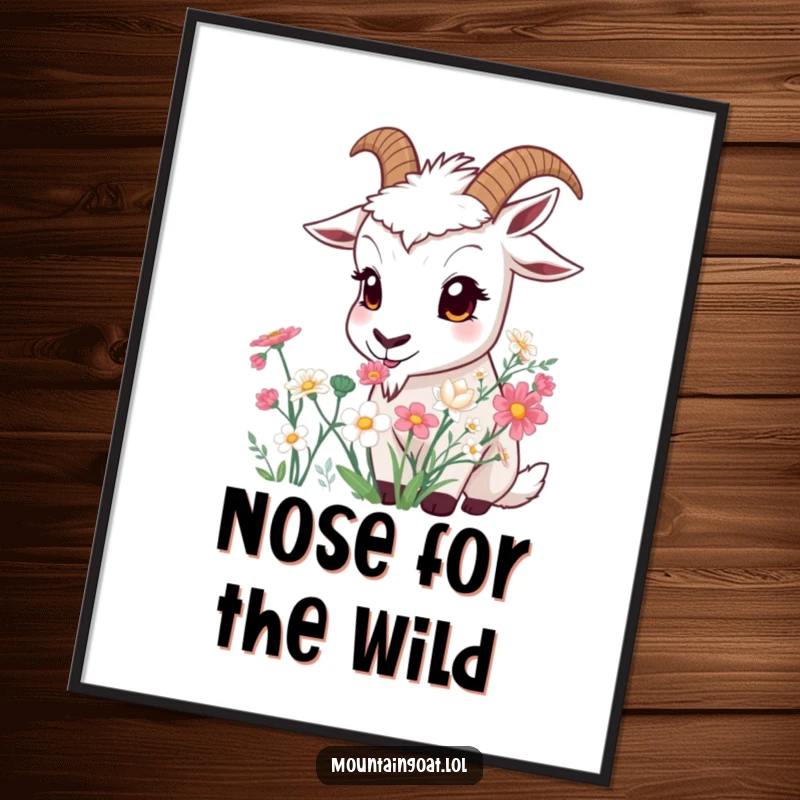 Funny Curious Goat Digital Art: A wide-eyed goat smelling a mountain flower bouquet, ready to download and display.
