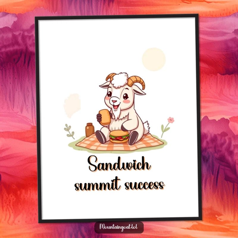 Funny mountain goat digital art print of a happy goat picnicking with a tiny sandwich, offering a charming and humorous visual.