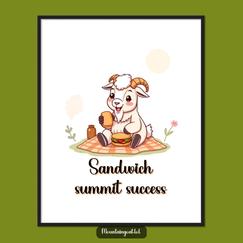 Funny Mountain Goat Digital Art: Cheerful Picnic Goat with Sandwich, Instant Humorous Decor