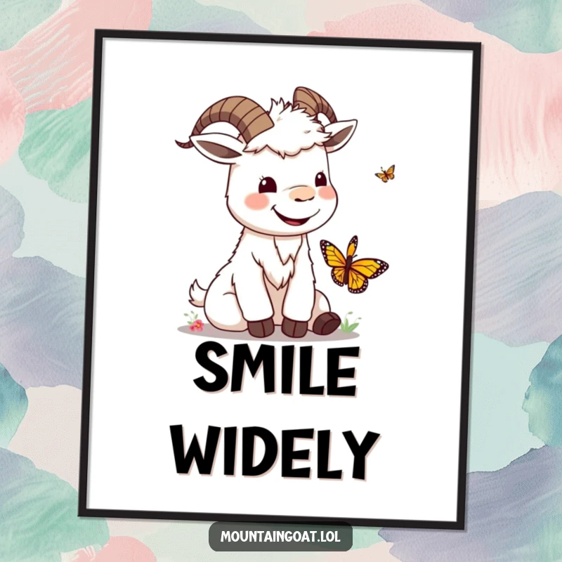 Silly smiling kawaii mountain goat playing with a butterfly, symbolizing joy and friendship, offered as digital art.