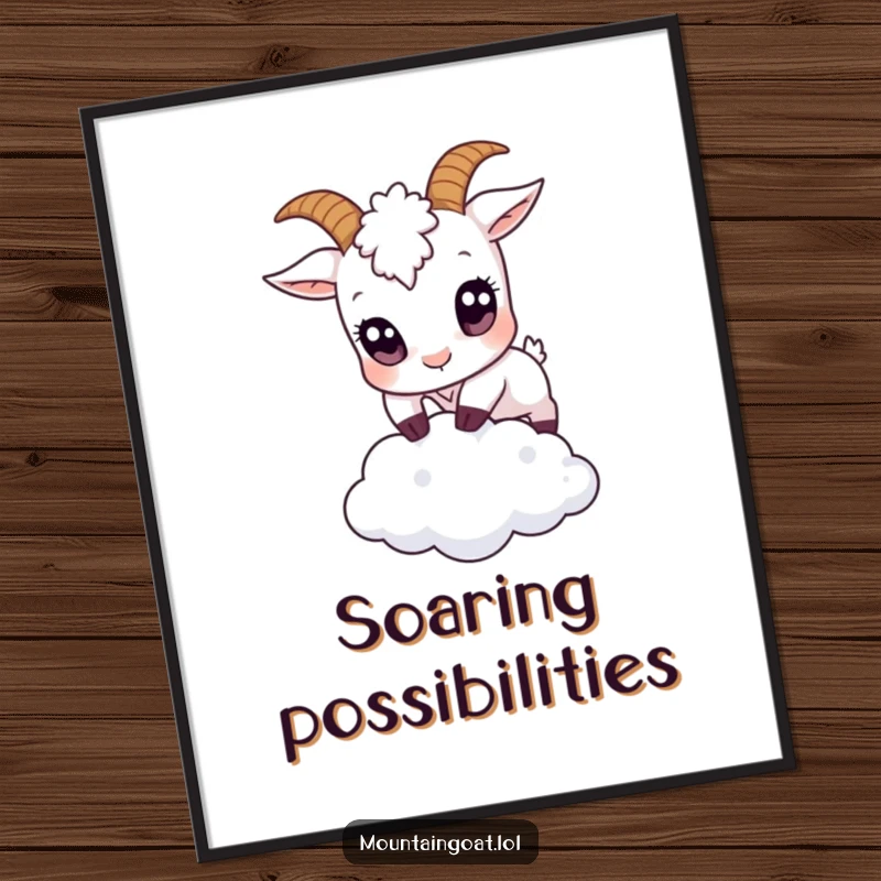 Funny small goat with comically large eyes leaping over a tiny cloud, presented as a humorous digital art print for whimsical decor.',