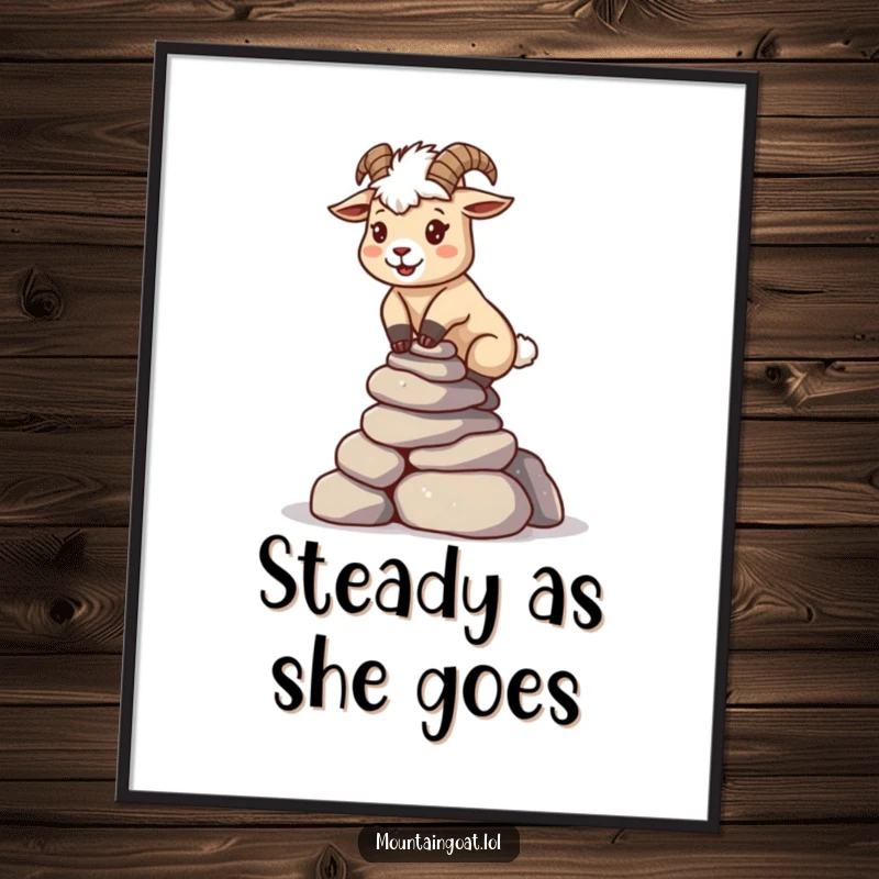 Funny kawaii mountain goat carefully balancing a stack of small rocks, available as a downloadable digital art print.