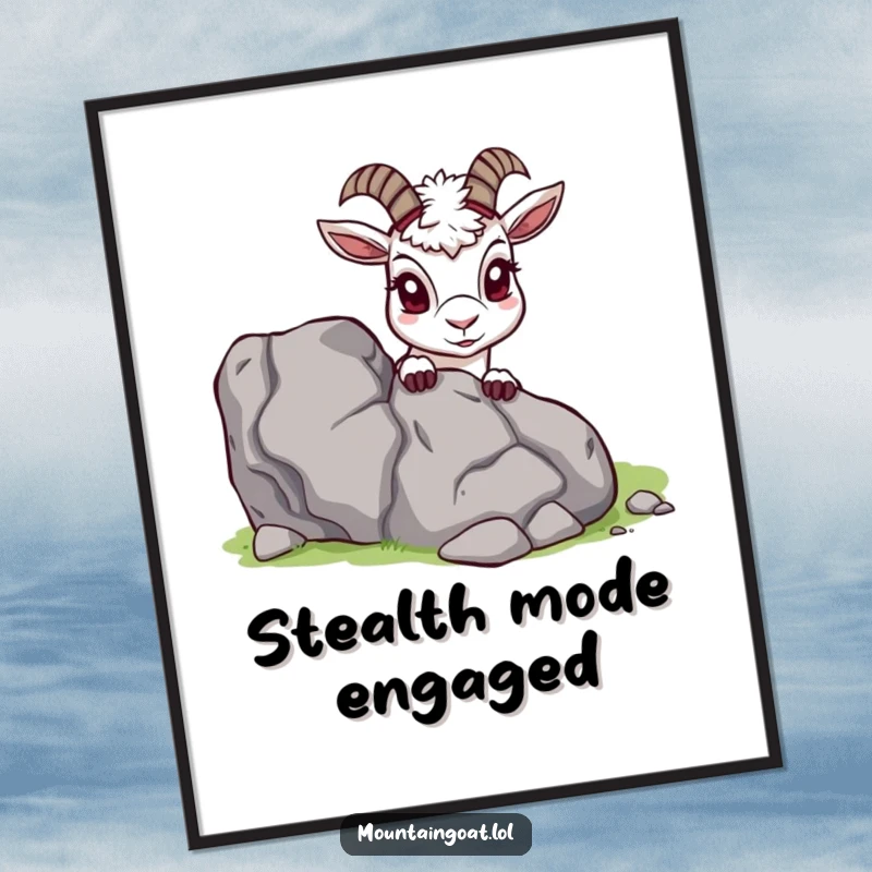 Funny Mountain Goat Digital Art Print, peeking from behind a rock, printable wall decor, capturing playful curiosity, unique funny gift.