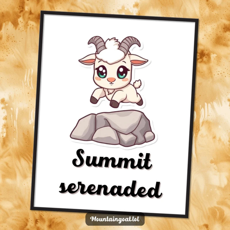 Funny kawaii mountain goat digital art print with big eyes, confidently leaping across a small gap, a downloadable piece of art for instant cheer.