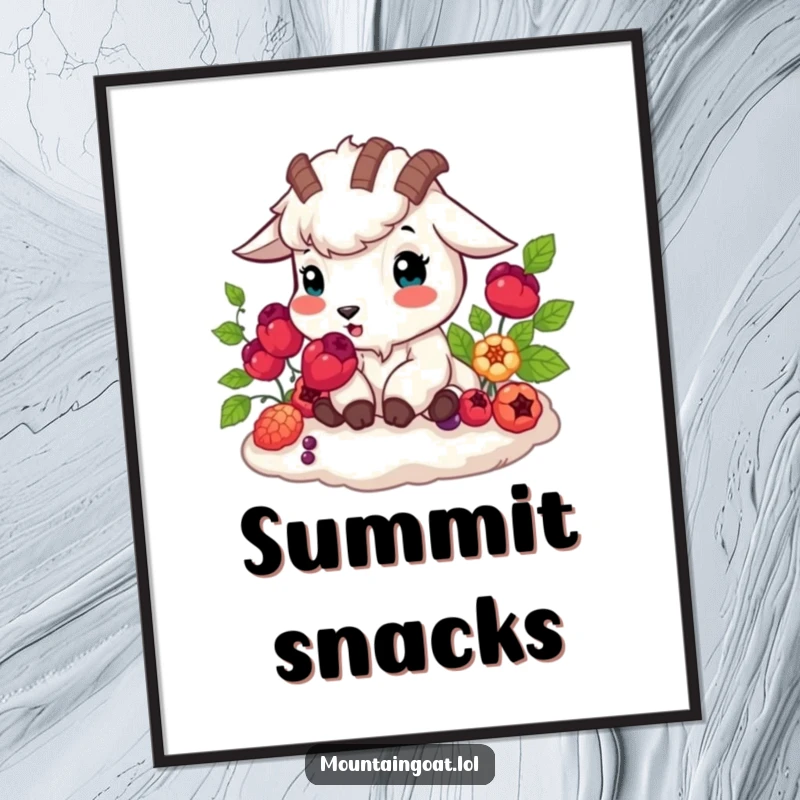 Funny mountain goat happily munching vibrant berries, nature art, humorous print, giftable.