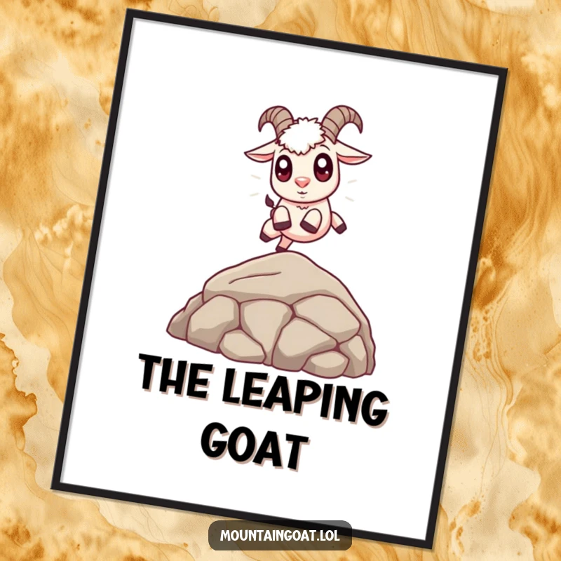 Funny Cute Goat Digital Art Print: A high-resolution digital artwork of a cute mountain goat with big eyes leaping over a rock.