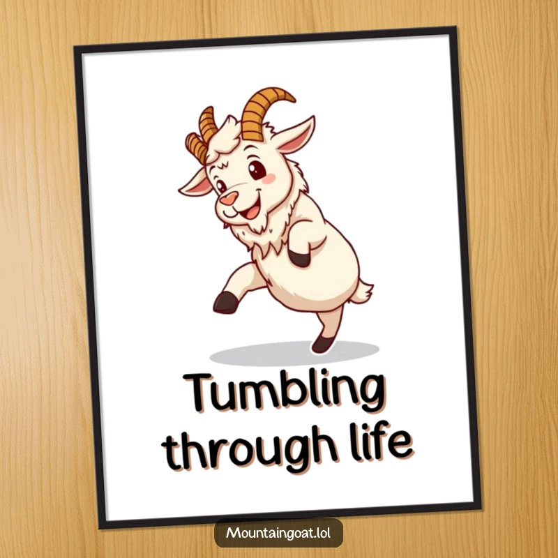 Funny mountain goat digital art print, a character attempting a clumsy somersault, delivering instant adventure and humor for any display.
