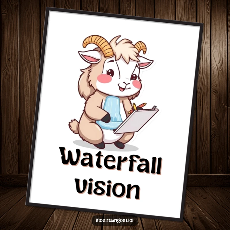 Funny happy mountain goat artist sketching a waterfall, high-resolution digital art for inspiring decor.