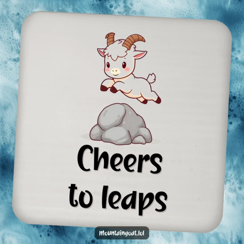 Funny kawaii mountain goat with small horns, leaping over a rock, cute and functional drink coaster.