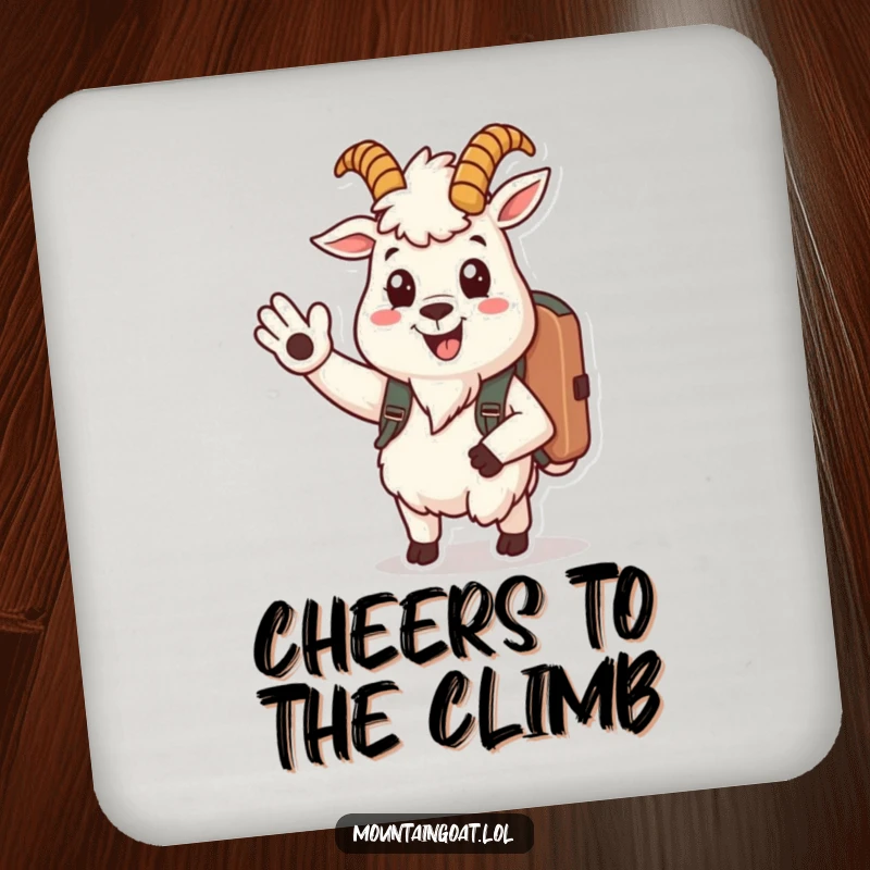 Funny mountain goat coaster displays a cheerful goat character with a backpack, smiling and waving, adding friendliness to protection.