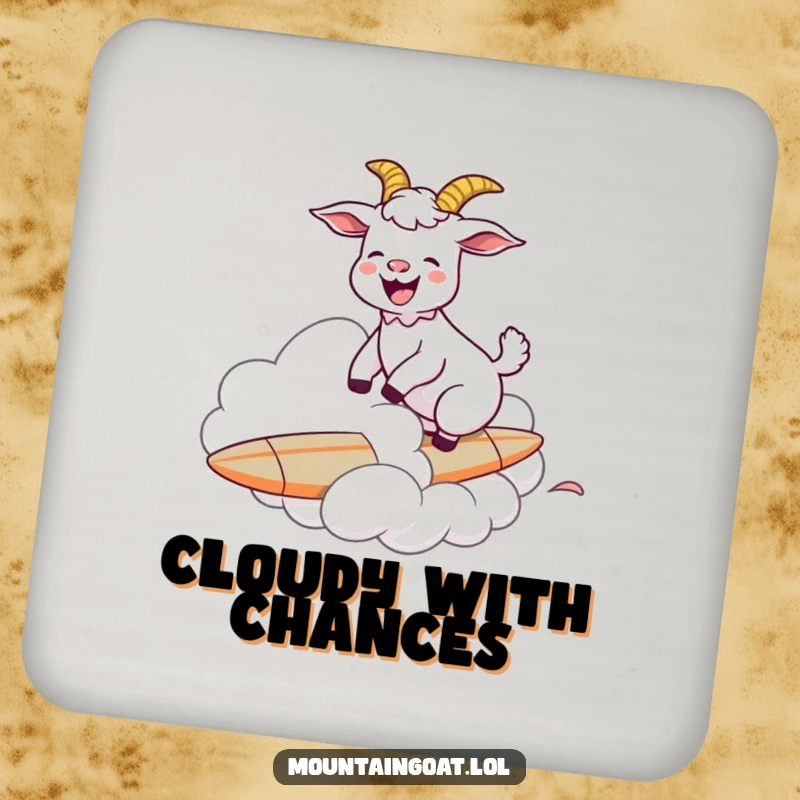 A small coaster featuring a funny goat humorously surfing on a cloud, protecting surfaces with a smile.