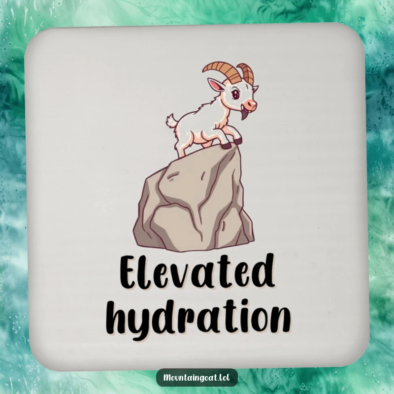 Funny brave mountain goat scaling a small cliff face with determination, depicted on a protective coaster.