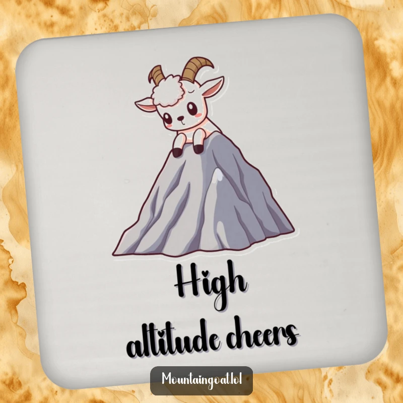 Funny Kawaii mountain goat coasters featuring a curious goat peering from a peak, protecting surfaces with adventure.