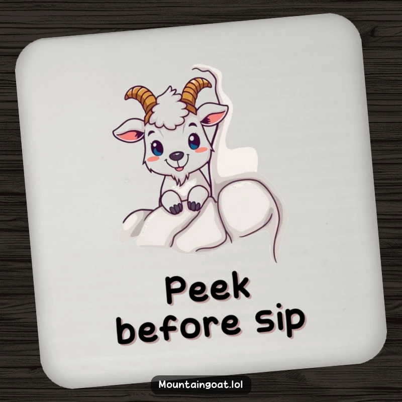 Funny coasters showing a mountain goat character peeking from behind a rock, offering protection and a humorous, playful touch to tabletops.
