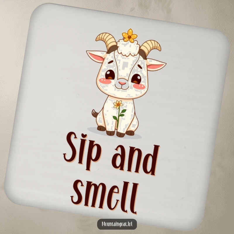Funny drink coasters with a giggling mountain goat balancing a flower on its nose, offering humorous surface protection.