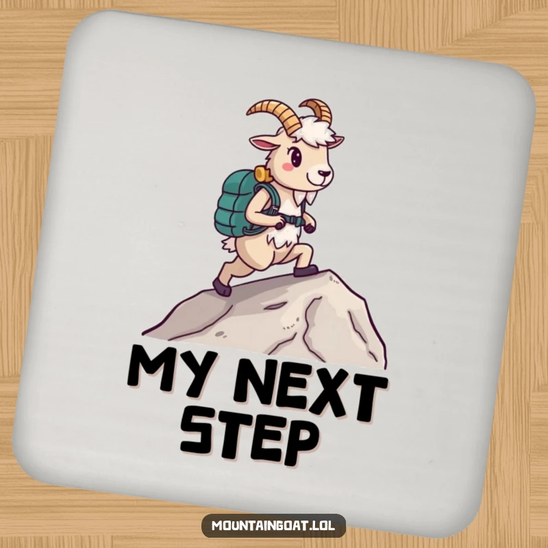Funny Hiking Goat Coaster, wearing boots and walking uphill, protecting surfaces with style, humorous and practical, ideal funny gift.