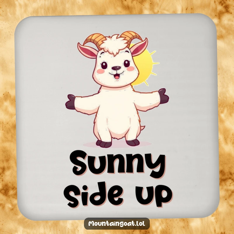 Funny kawaii mountain goat embracing sunshine, as a decorative and protective drink coaster.