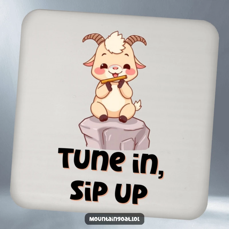 Funny kawaii mountain goat playing a flute on a mountain ledge, printed on a protective and amusing drink coaster.