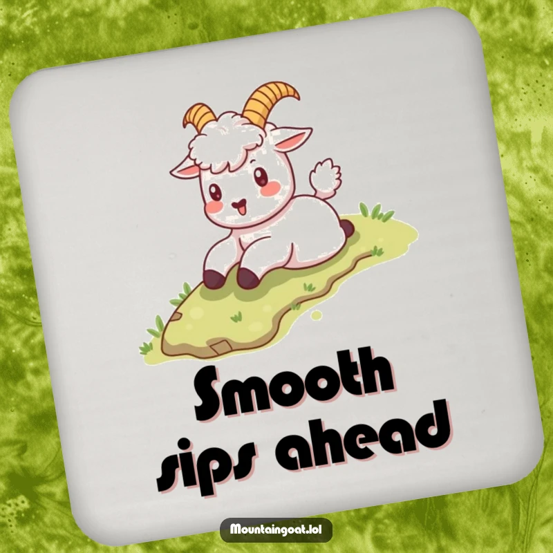 Funny kawaii mountain goat sliding down a grassy slope, a fun and functional coaster for any setting.
