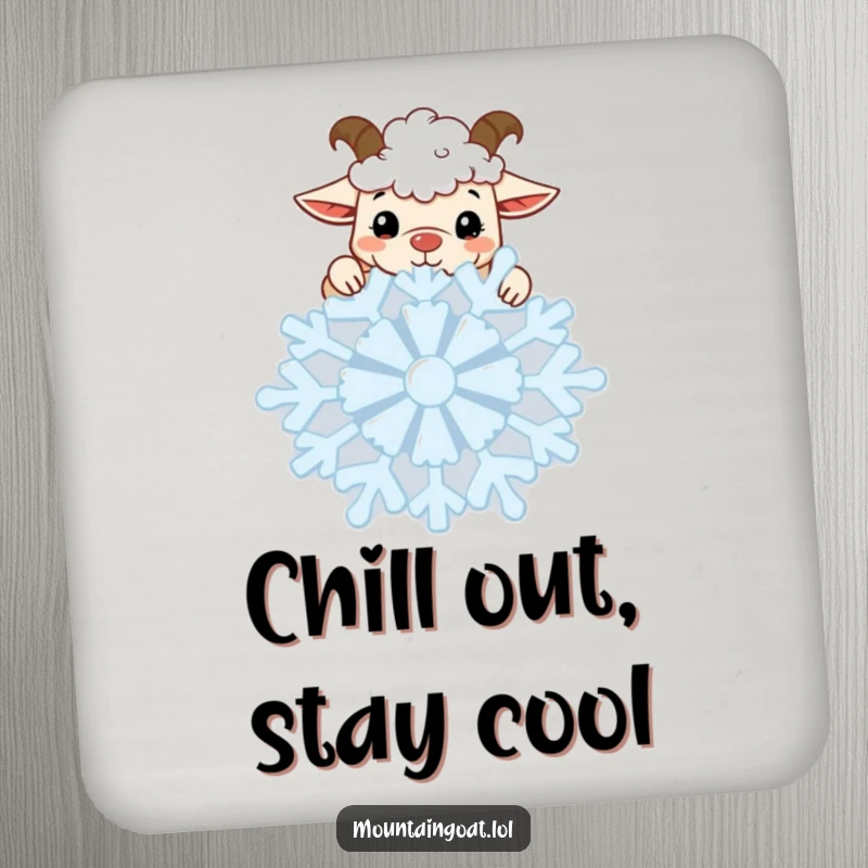 Funny Goat Snowflake Coaster: A kawaii goat peeking over a snowflake on a coaster, offering protection with winter humor.