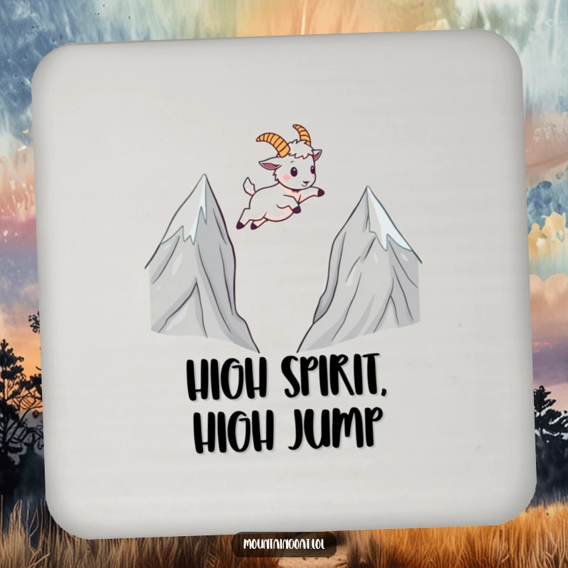 Funny Mountain Goat Coaster: A cute kawaii goat leaping across the design, offering protection and humor for tabletops.