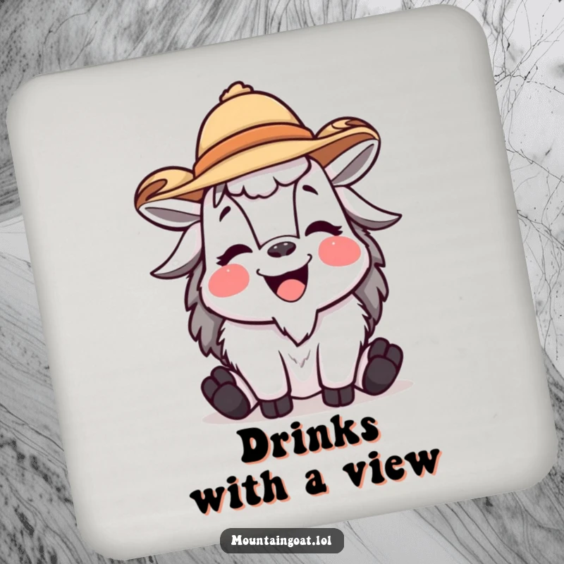 Funny mountain goat coaster featuring a laughing goat character wearing a jaunty hat, adding a humorous touch to any table setting.