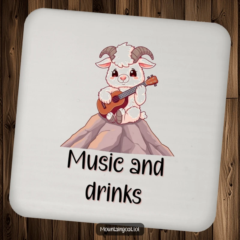 Funny fluffy mountain goat playing a ukulele on a peak, a decorative and functional drink coaster.