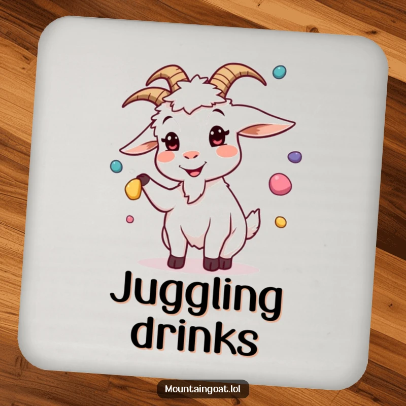 Funny drink coaster set depicting a goat juggling pebbles with a silly expression, protecting surfaces with a humorous and artistic flair.