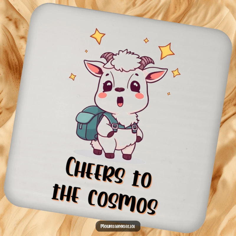 Funny drink coasters with a startled mountain goat looking up at stars, offering cosmic humor and surface protection.