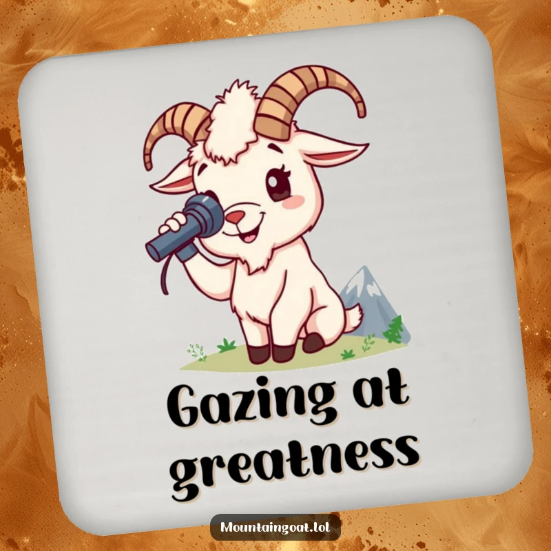 Funny mountain goat coaster displays a cheerful goat character using a spyglass to view a distant peak, adding adventure to protection.