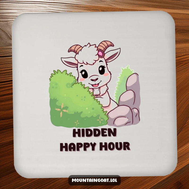 Funny mountain goat drink coaster featuring a mischievous goat playing hide-and-seek behind a bush, protecting tables with humorous charm.