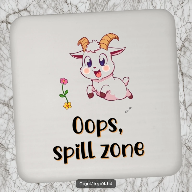 Funny goat surprise coaster, a startled mountain goat dropping a flower, protecting surfaces with a comical moment of surprise.